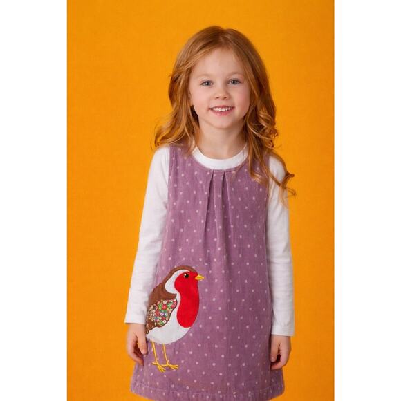 Mini Boden Other - Mini Boden Girls' Purple Corduroy Jumper Dress with a Robin Appliqué Sz 6-7 Yr